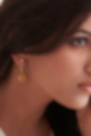 Gold Finish Carved Citrine Teardrop Dangler Earrings In Sterling Silver by Vinanti Manji at Pernia's Pop Up Shop