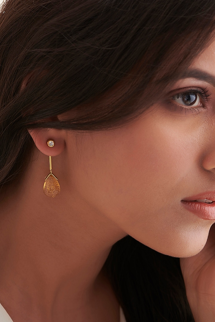 Gold Finish Carved Citrine Teardrop Dangler Earrings In Sterling Silver by Vinanti Manji at Pernia's Pop Up Shop