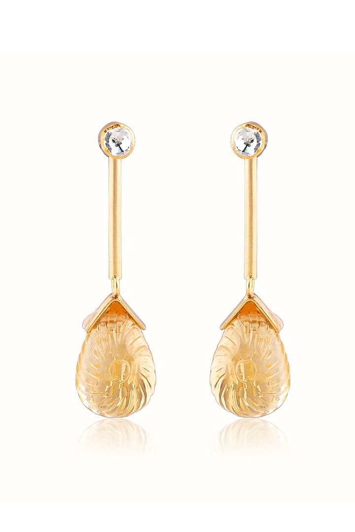 Gold Finish Carved Citrine Teardrop Dangler Earrings In Sterling Silver by Vinanti Manji at Pernia's Pop Up Shop
