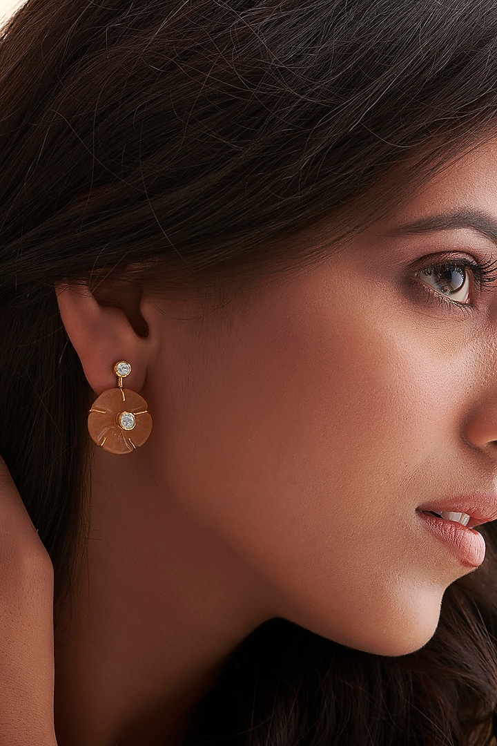 Gold Finish Diamond Floral Dangler Earrings In Sterling Silver by Vinanti Manji at Pernia's Pop Up Shop