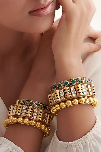 Gold Plated Kundan Polki Handcrafted Bangle In Sterling Silver by Vinanti Manji at Pernia's Pop Up Shop