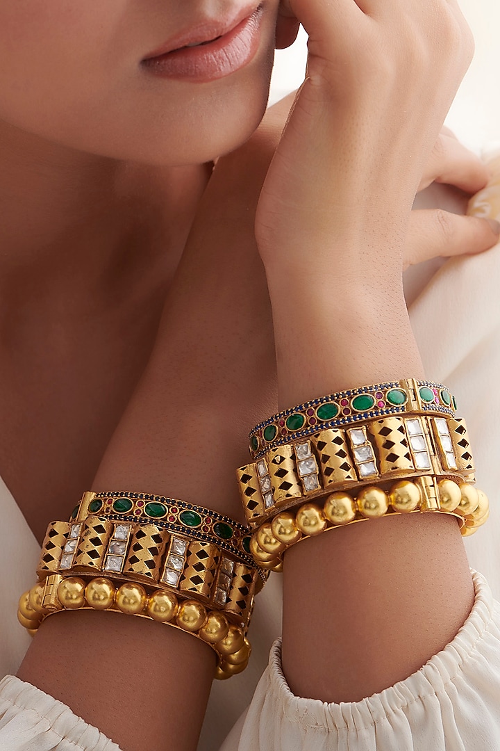 Gold Plated Kundan Polki Handcrafted Bangle In Sterling Silver by Vinanti Manji at Pernia's Pop Up Shop