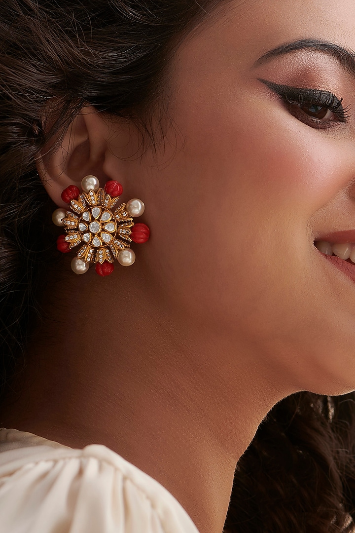 Gold Finish Ruby Stone & Kundan Polki Stud Earrings In Sterling Silver by Vinanti Manji at Pernia's Pop Up Shop