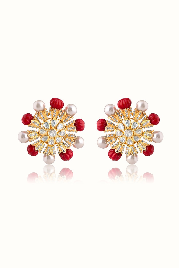 Gold Finish Ruby Stone & Kundan Polki Stud Earrings In Sterling Silver by Vinanti Manji at Pernia's Pop Up Shop