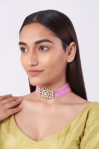 Gold Finish Quartz Beaded Choker Necklace by Vinanti Manji