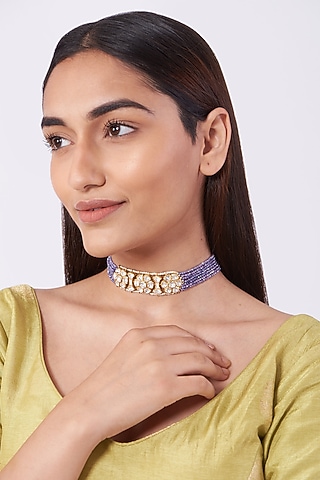 Gold Finish Sapphire Moonstone Beaded Necklace In Sterling Silver by Vinanti Manji