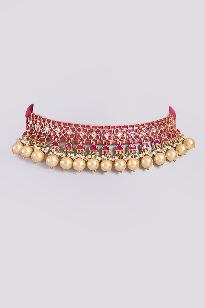 Gold Finish Kundan & Pearl Choker Necklace In Sterling Silver by Vinanti Manji at Pernia's Pop Up Shop