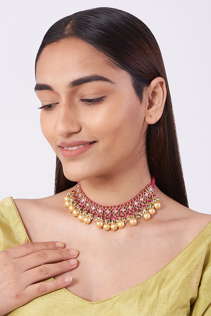 Gold Finish Kundan & Pearl Choker Necklace In Sterling Silver by Vinanti Manji at Pernia's Pop Up Shop