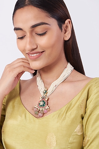 Gold Finish Kundan Polki Necklace In Sterling Silver by Vinanti Manji