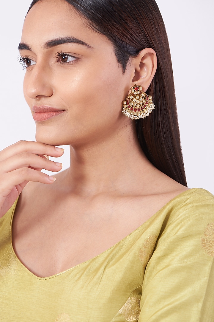Gold Finish Chandbali Stud Earrings In Sterling Silver by Vinanti Manji at Pernia's Pop Up Shop