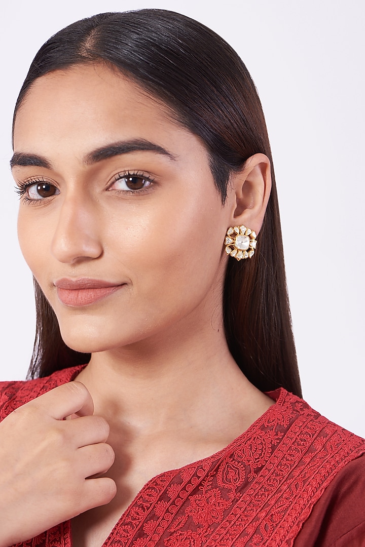 Gold Finish Stud Earrings In Sterling Silver by Vinanti Manji at Pernia's Pop Up Shop