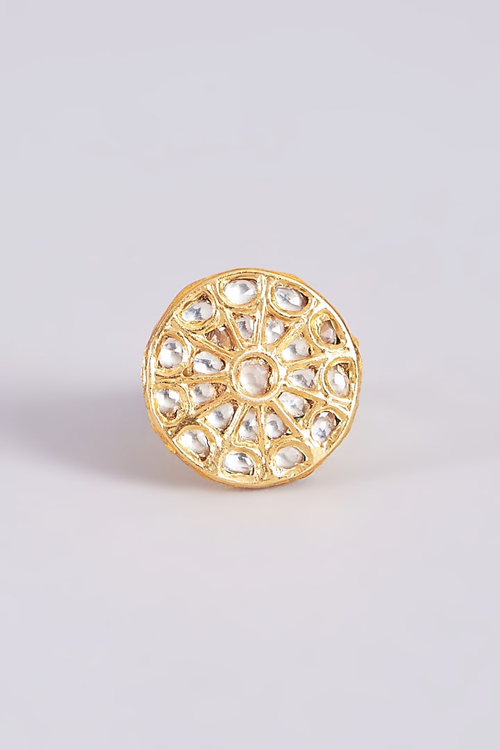 Gold Finish Kundan Polki Adjustable Ring In Sterling Silver by Vinanti Manji at Pernia's Pop Up Shop