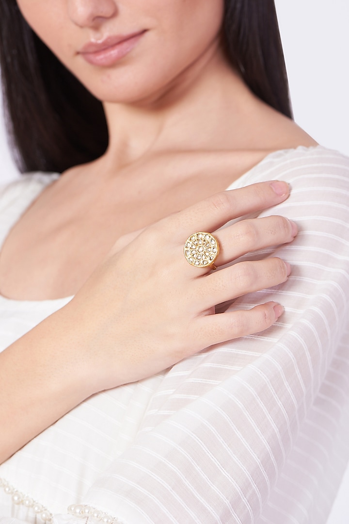 Gold Finish Kundan Polki Adjustable Ring In Sterling Silver by Vinanti Manji at Pernia's Pop Up Shop
