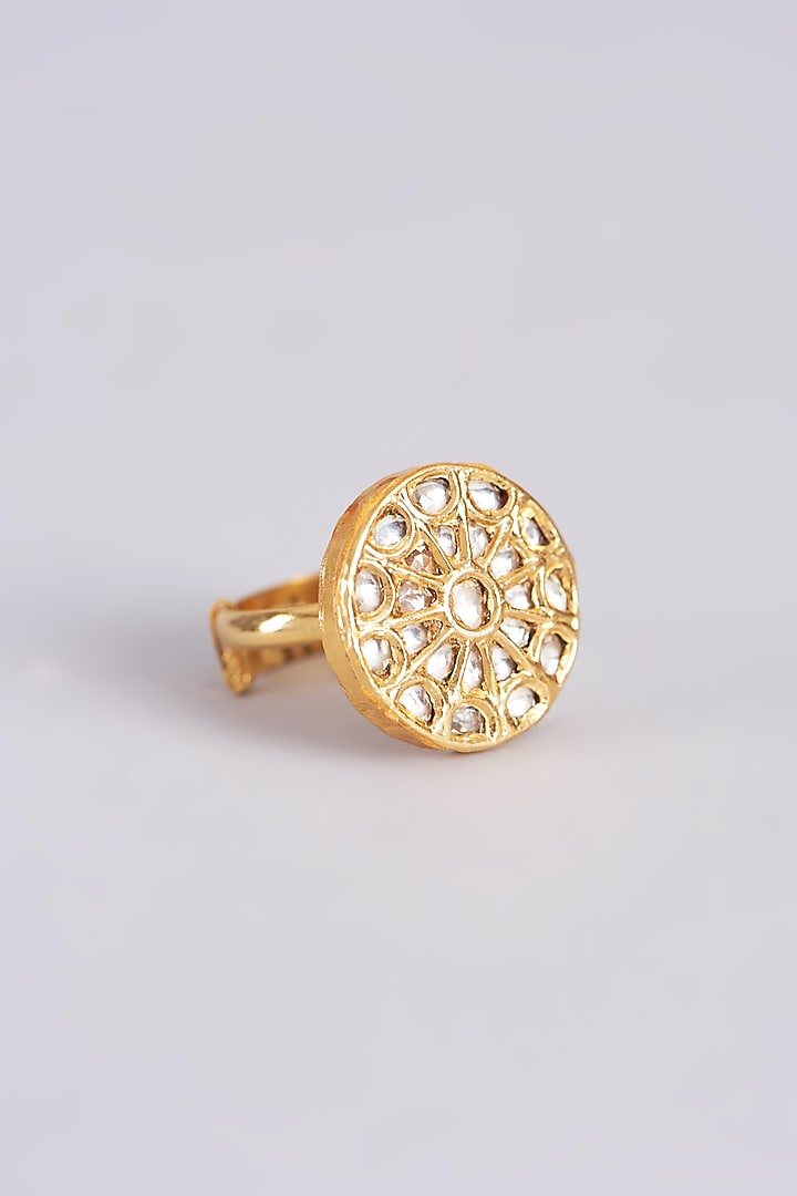 Gold Finish Kundan Polki Adjustable Ring In Sterling Silver by Vinanti Manji at Pernia's Pop Up Shop