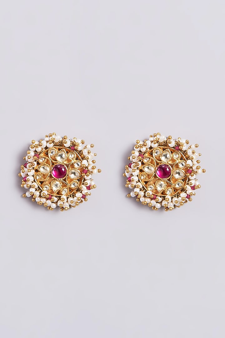 Gold Finish Pearl Round Stud Earrings In Sterling Silver by Vinanti Manji at Pernia's Pop Up Shop