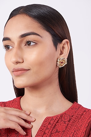 Gold Finish Pearl Round Stud Earrings In Sterling Silver by Vinanti Manji