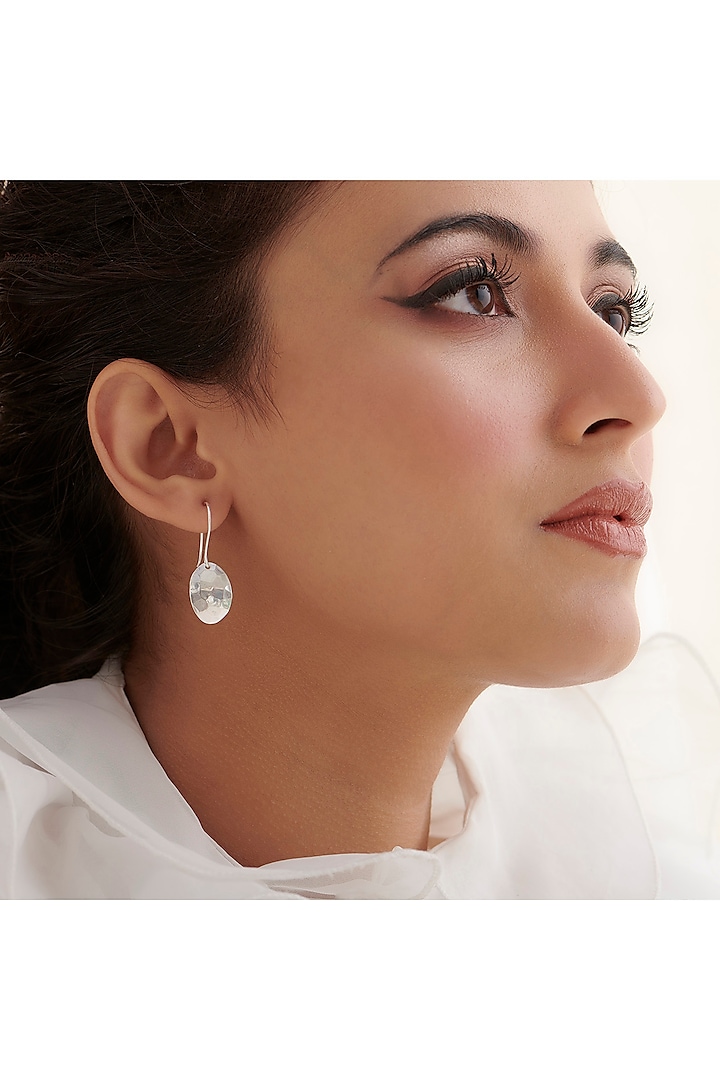 White Finish Oval Shaped Dangler Earrings In Sterling Silver by Vinanti Manji at Pernia's Pop Up Shop