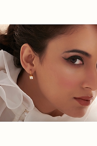 Gold Finish Moissanite Polki Diamond Square-Shaped Hoop Earrings In Sterling Silver by Vinanti Manji