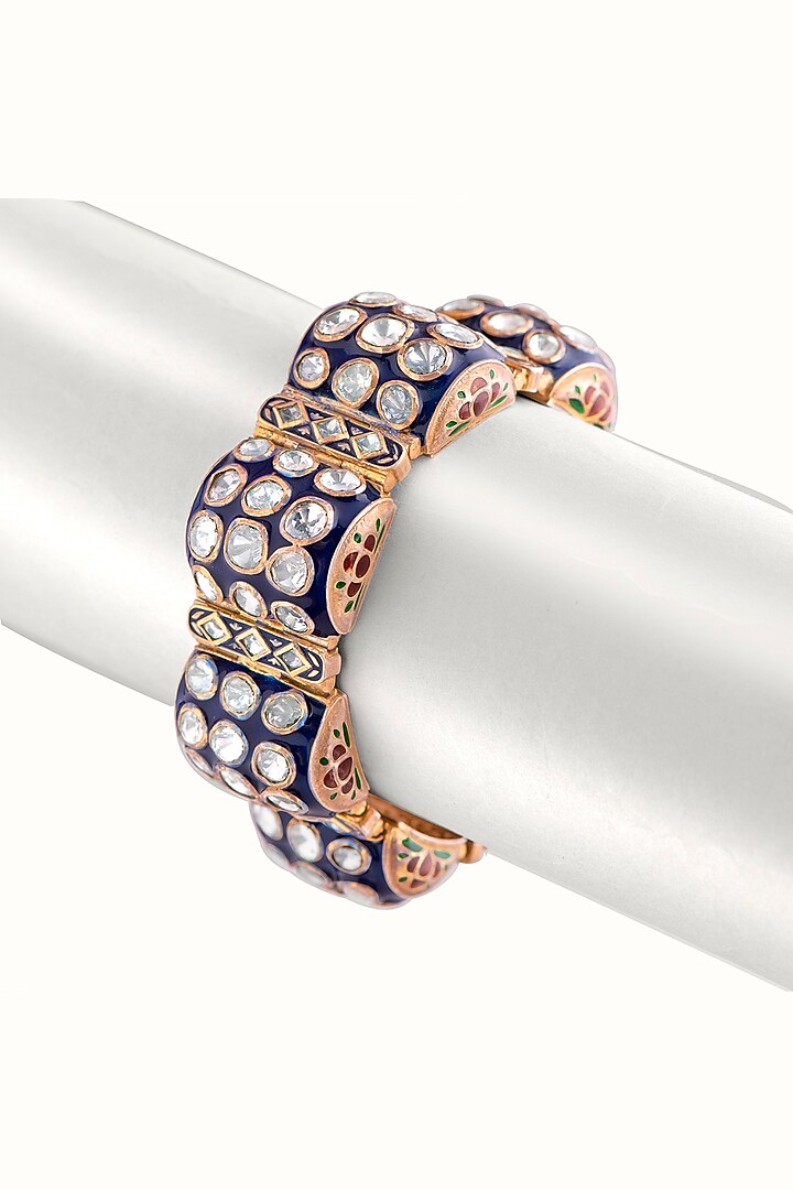 Gold Finish Moissanite Polki Blue Meenakari Bracelet In Sterling Silver by Vinanti Manji at Pernia's Pop Up Shop