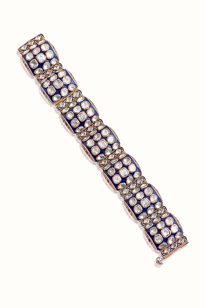 Gold Finish Moissanite Polki Blue Meenakari Bracelet In Sterling Silver by Vinanti Manji at Pernia's Pop Up Shop