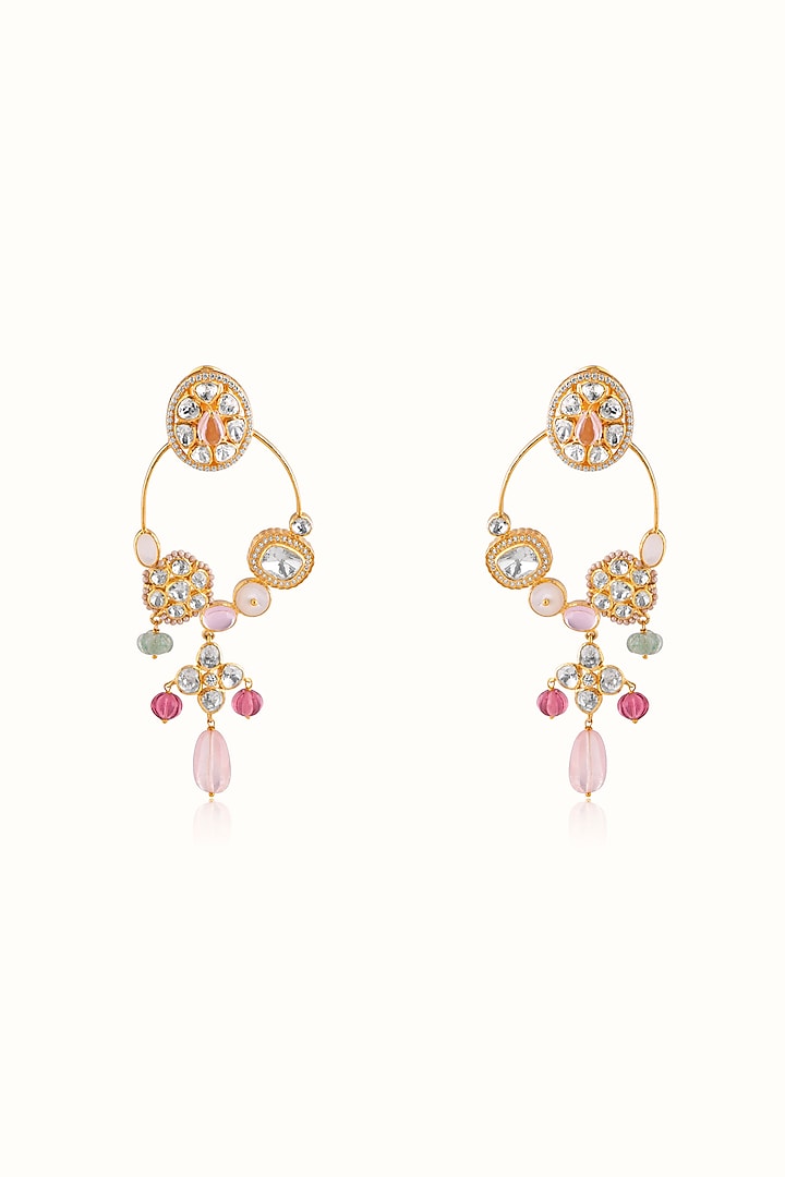 Gold Finish Pink Tourmaline & Green Aventurine Stone Dangler Earrings In Sterling Silver by Vinanti Manji at Pernia's Pop Up Shop