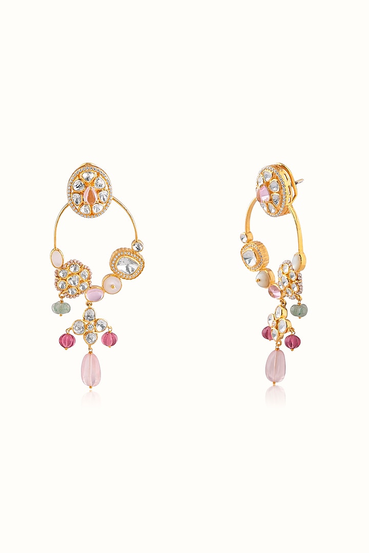 Gold Finish Pink Tourmaline & Green Aventurine Stone Dangler Earrings In Sterling Silver by Vinanti Manji at Pernia's Pop Up Shop
