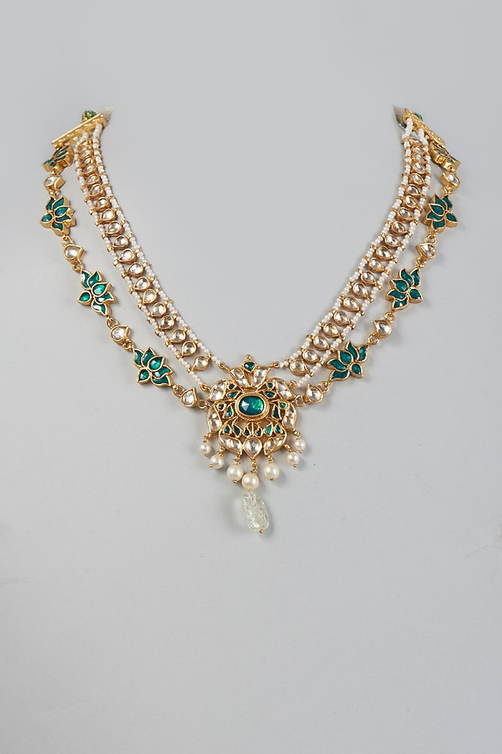 Gold Finish Kundan Polki Necklace In Sterling Silver by Vinanti Manji at Pernia's Pop Up Shop