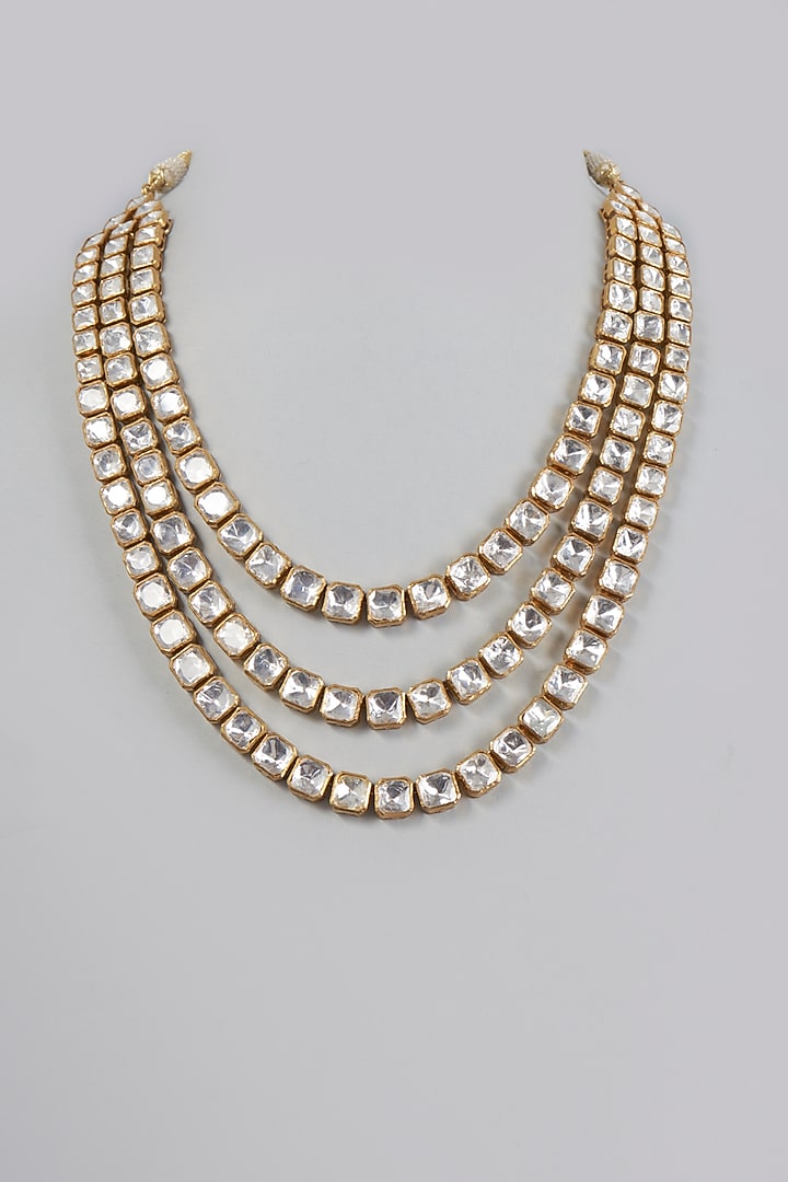 Gold Finish Kundan & Moissanite Diamonds Necklace In Sterling Silver by Vinanti Manji at Pernia's Pop Up Shop