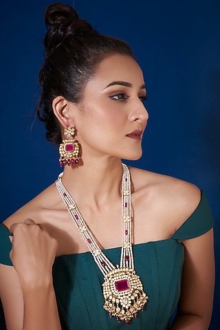 Gold Finish Ruby & Pearls Long Necklace In Sterling Silver by Vinanti Manji