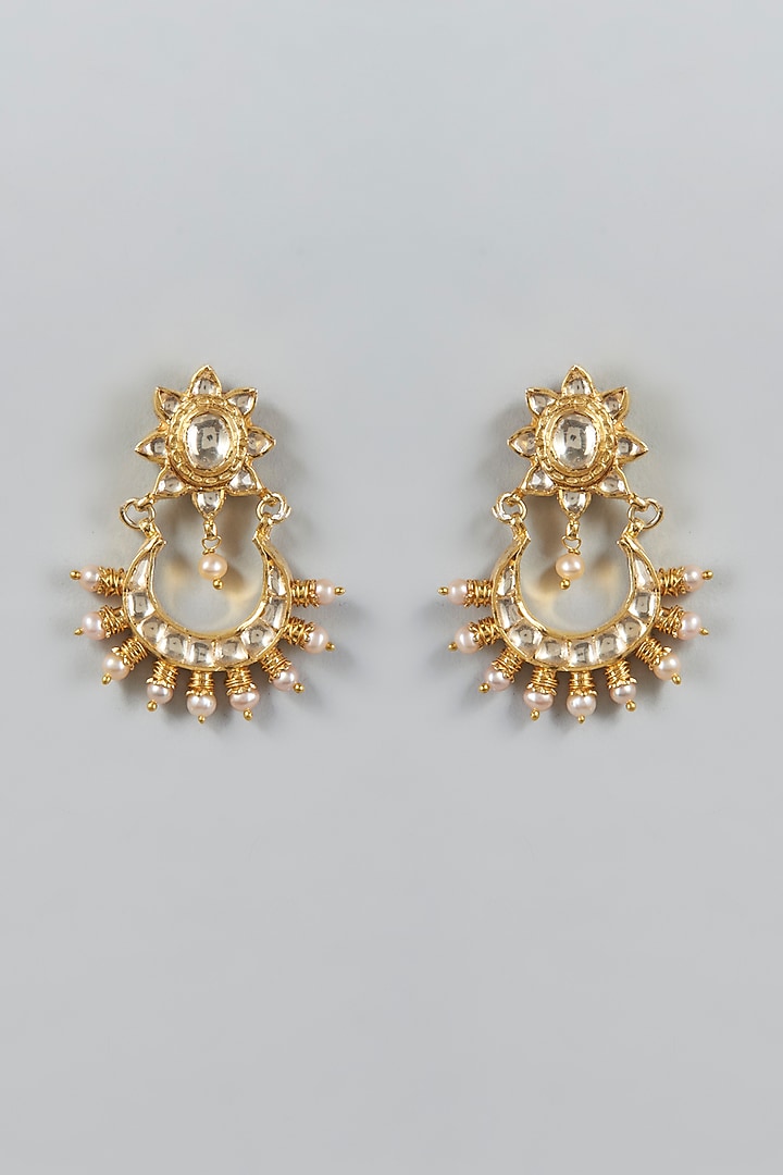 Gold Finish Kundan Polki & Pearls Chandbali Earrings In Sterling Silver by Vinanti Manji at Pernia's Pop Up Shop