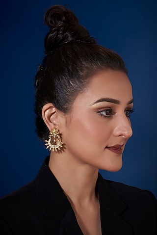 Gold Finish Kundan Polki & Pearls Chandbali Earrings In Sterling Silver by Vinanti Manji