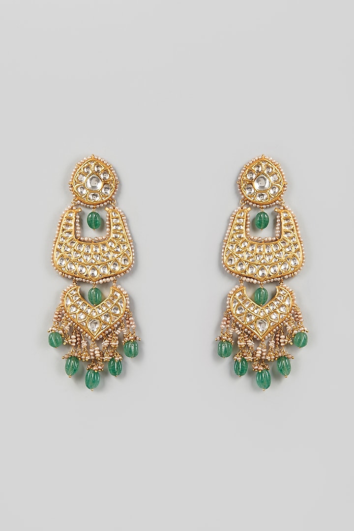 Gold Finish Kundan Polki Chandbali Earrings In Sterling Silver by Vinanti Manji at Pernia's Pop Up Shop