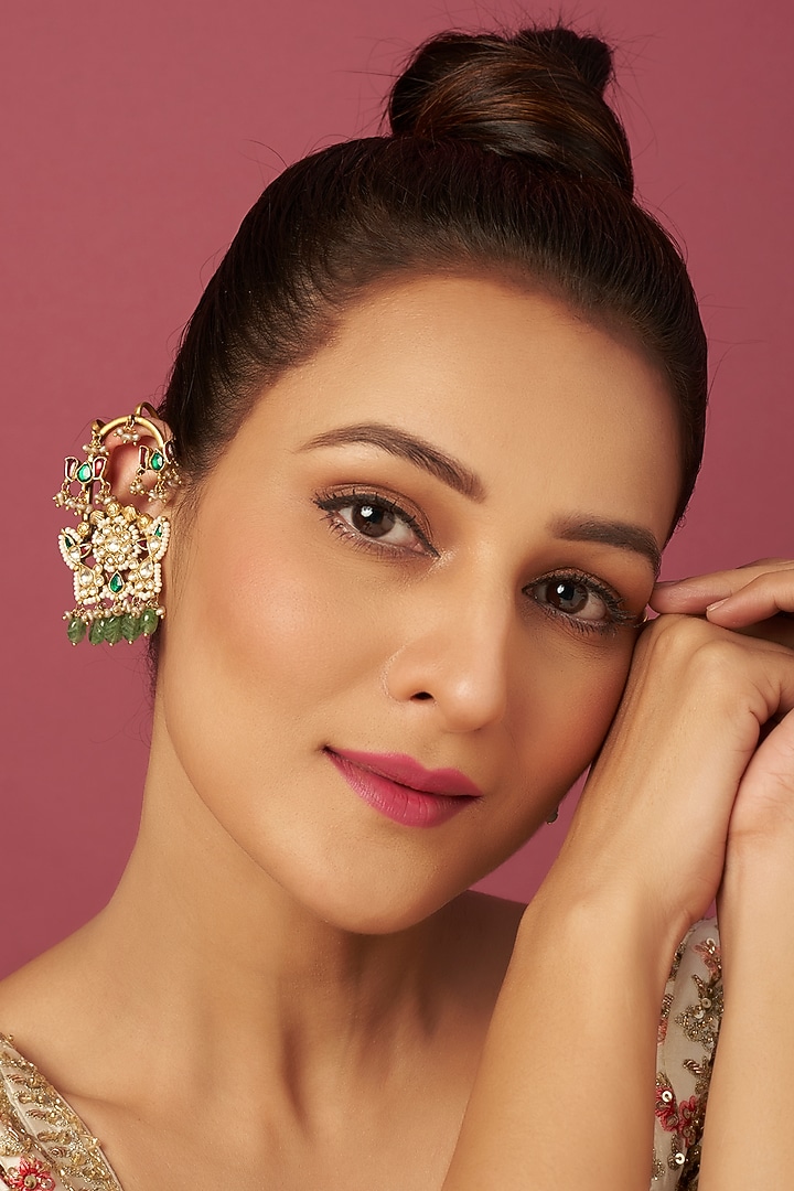 Gold Finish Kundan Polki Dangler Earrings In Sterling Silver by Vinanti Manji at Pernia's Pop Up Shop