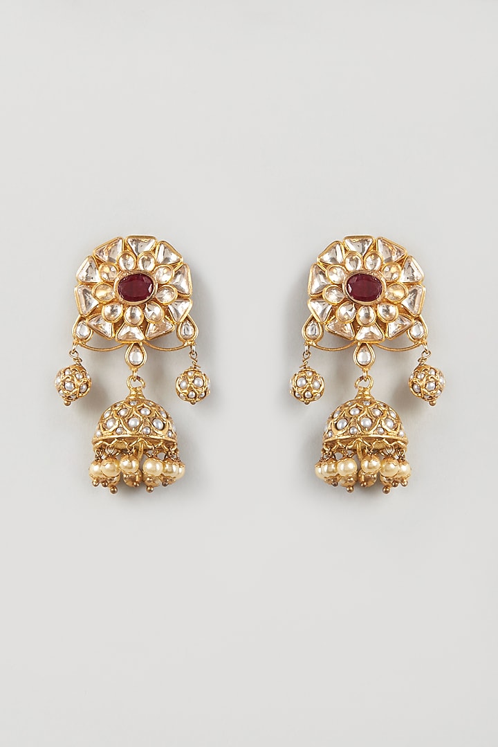 Gold Finish Kundan Polki Jhumka Earrings In Sterling Silver by Vinanti Manji at Pernia's Pop Up Shop