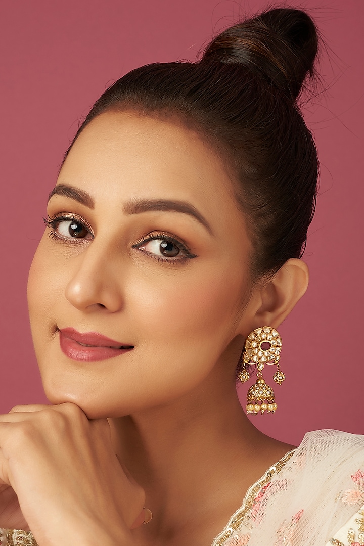 Gold Finish Kundan Polki Jhumka Earrings In Sterling Silver by Vinanti Manji at Pernia's Pop Up Shop