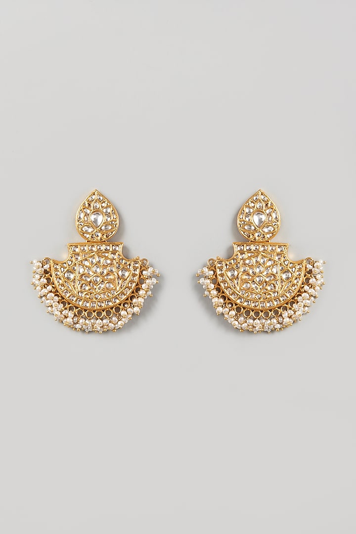 Gold Finish Kundan & Pearl Chandbali Earrings In Sterling Silver by Vinanti Manji at Pernia's Pop Up Shop