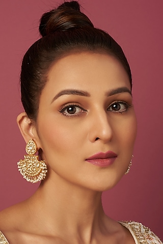 Gold Finish Kundan & Pearl Chandbali Earrings In Sterling Silver by Vinanti Manji