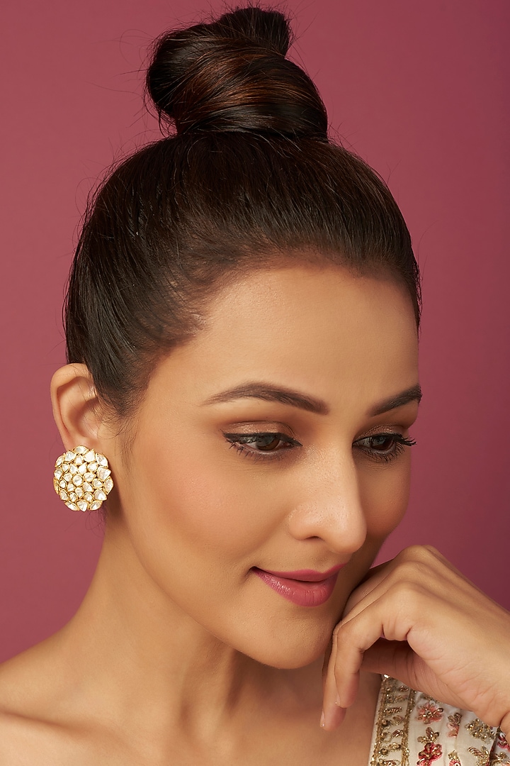Gold Finish Kundan & Diamond Dangler Earrings In Sterling Silver by Vinanti Manji at Pernia's Pop Up Shop