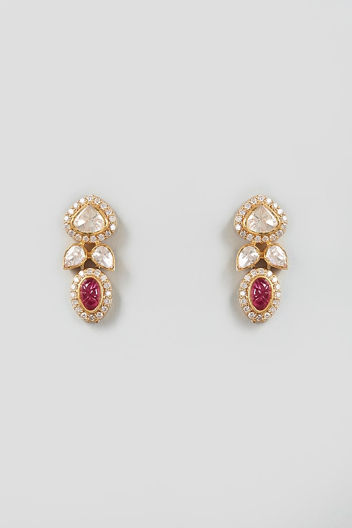 Gold Finish Kundan & Ruby Dangler Earrings In Sterling Silver by Vinanti Manji at Pernia's Pop Up Shop