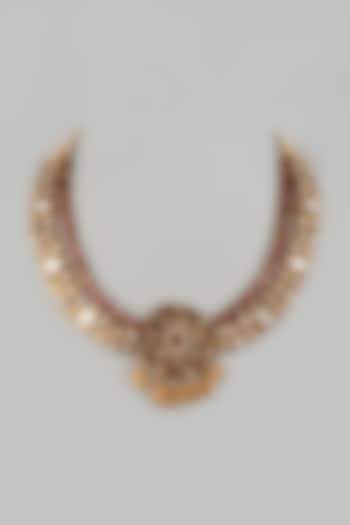 Gold Finish Kundan & Diamond Necklace In Sterling Silver by Vinanti Manji
