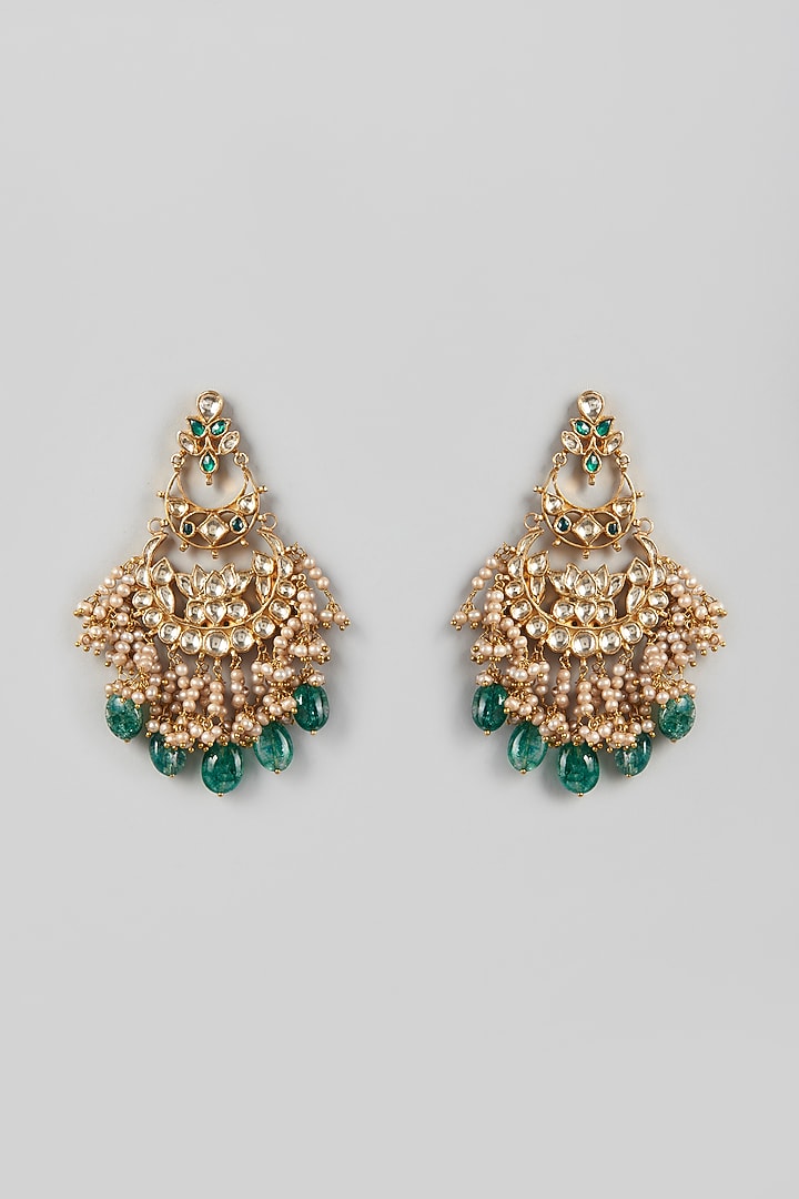 Gold Finish Kundan Polki Chandbali Earrings In Sterling Silver by Vinanti Manji at Pernia's Pop Up Shop