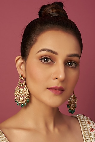 Gold Finish Kundan Polki Chandbali Earrings In Sterling Silver by Vinanti Manji