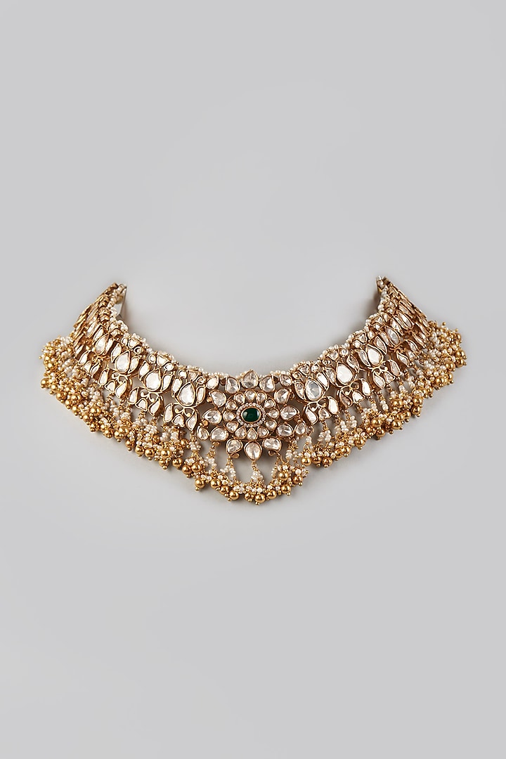 Gold Finish Kundan & Beaded Necklace In Sterling Silver by Vinanti Manji