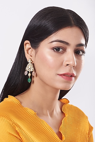 Gold Finish Jade Beads Earrings In Sterling Silver by Vinanti Manji
