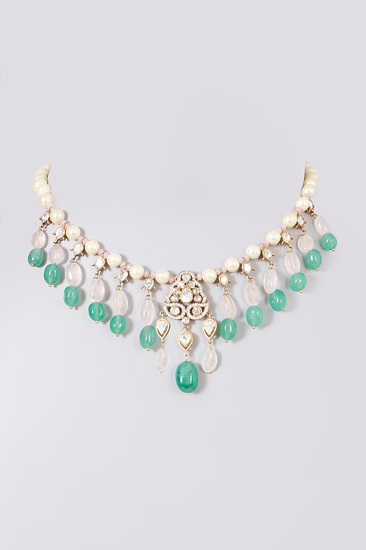 Gold Finish Moissanite Diamonds Necklace In Sterling Silver by Vinanti Manji at Pernia's Pop Up Shop