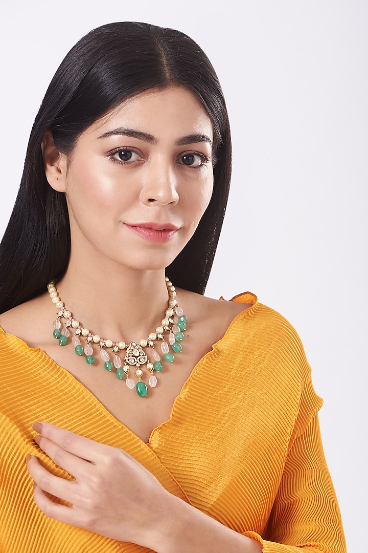 Gold Finish Moissanite Diamonds Necklace In Sterling Silver by Vinanti Manji at Pernia's Pop Up Shop