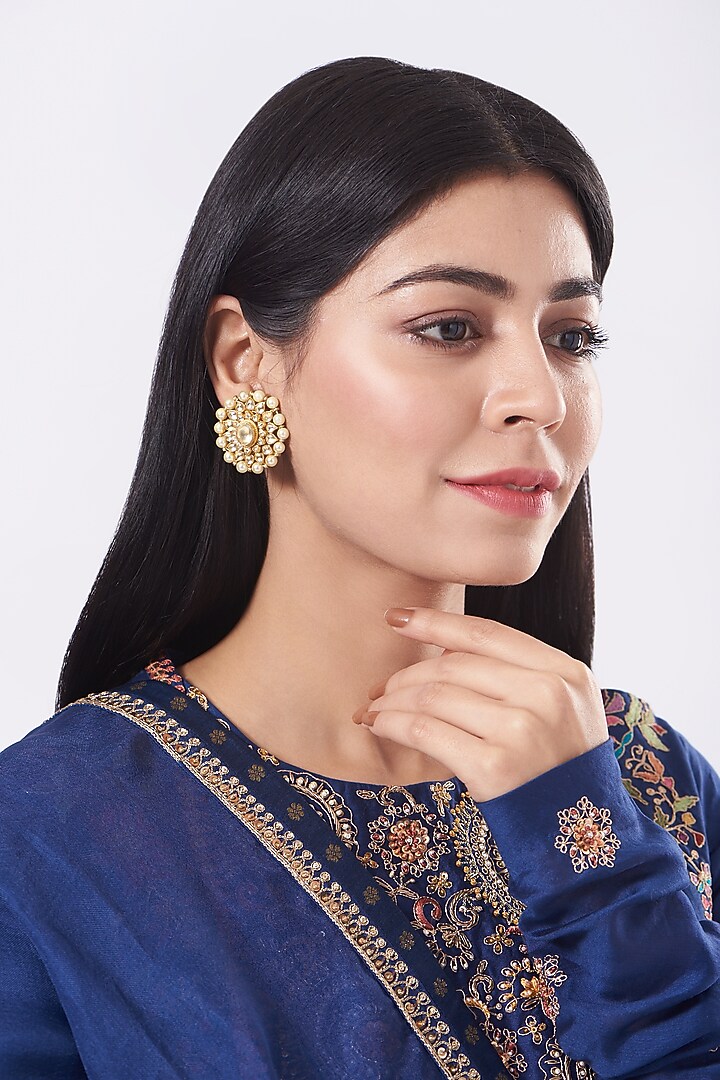 Gold Finish Pearl Stud Earrings In Sterling Silver by Vinanti Manji at Pernia's Pop Up Shop