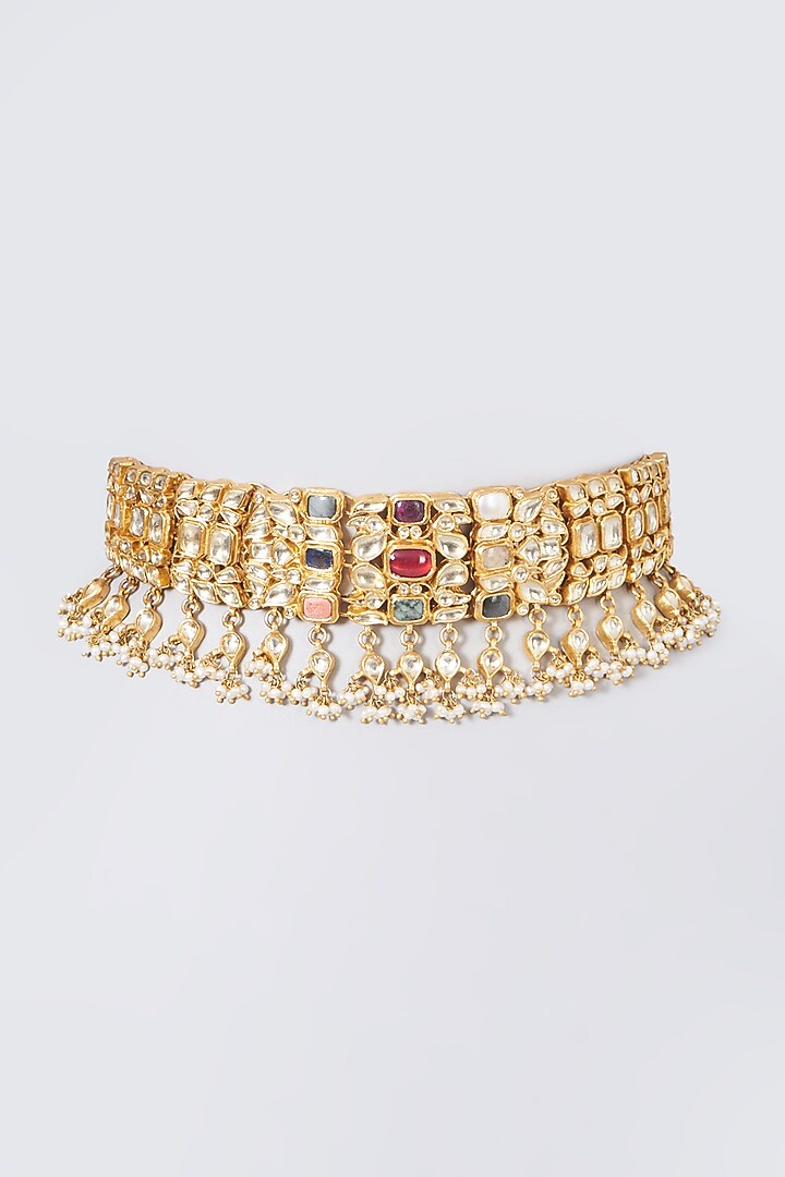 Gold Finish Pearl & Kundan Polki Necklace In Sterling Silver by Vinanti Manji at Pernia's Pop Up Shop