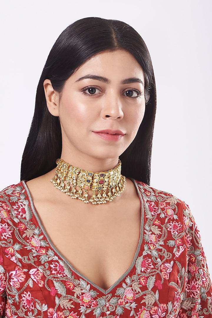 Gold Finish Pearl & Kundan Polki Necklace In Sterling Silver by Vinanti Manji at Pernia's Pop Up Shop