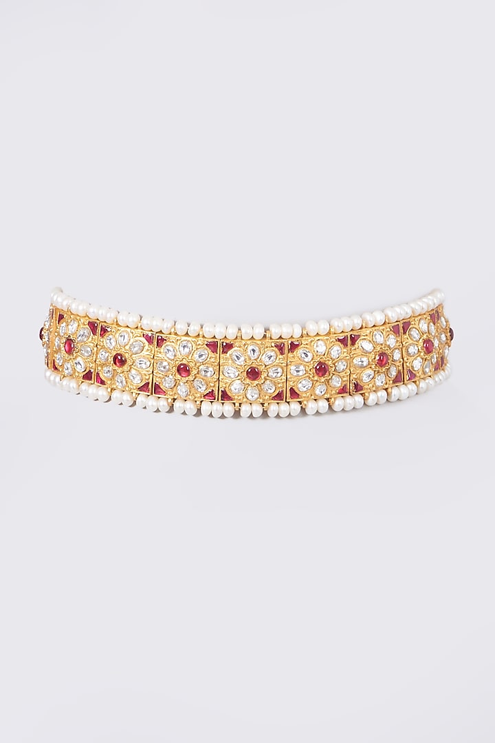 Gold Finish Kundan Polki & Pearls Necklace In Sterling Silver by Vinanti Manji at Pernia's Pop Up Shop